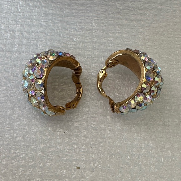 Gold tone Super AB Sparkle Rhinestone Clip Hoop Earrings - Picture 7 of 7